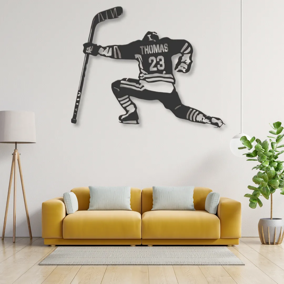 Custom hockey jersey metal wall art with personalized name and number