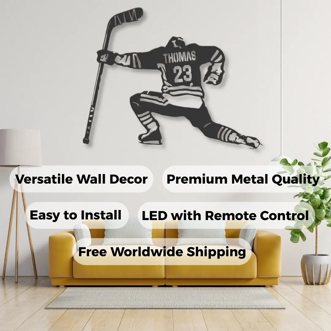 Black hockey player silhouette wall décor with jersey customization