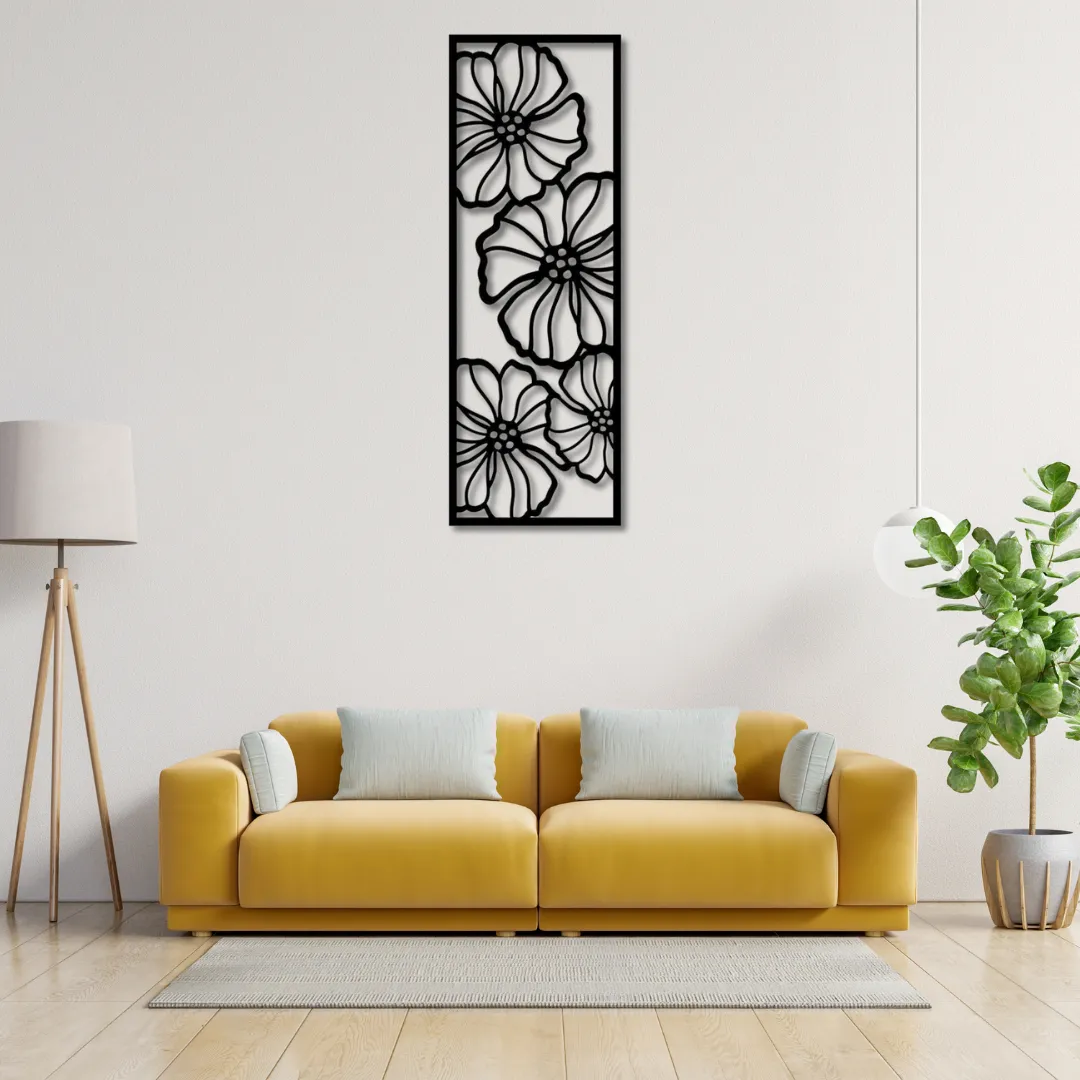 Floral Bloom Silhouette Vertical floral metal wall art panel for home decor.