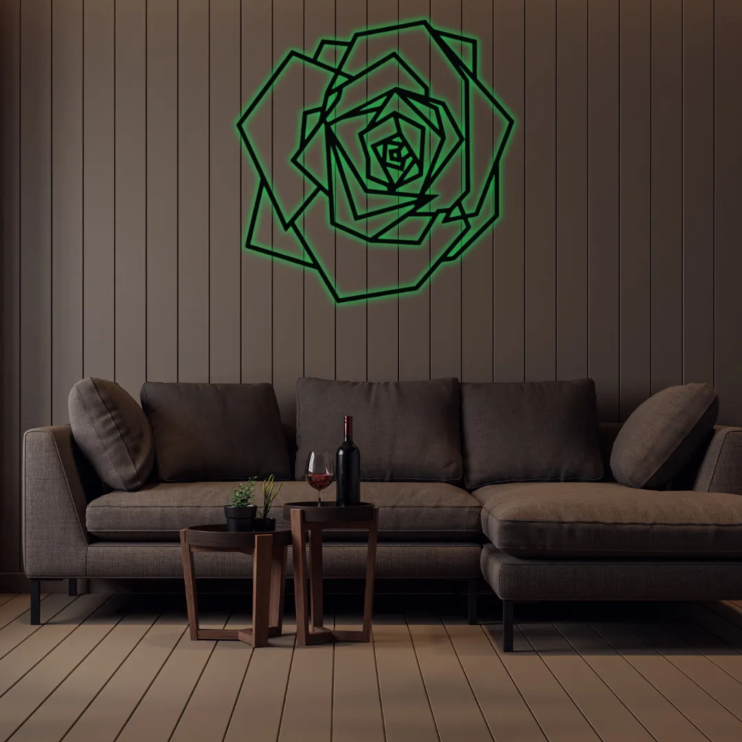 Green Geometric Rose Silhouette Modern rose-shaped metal wall décor for living room.
