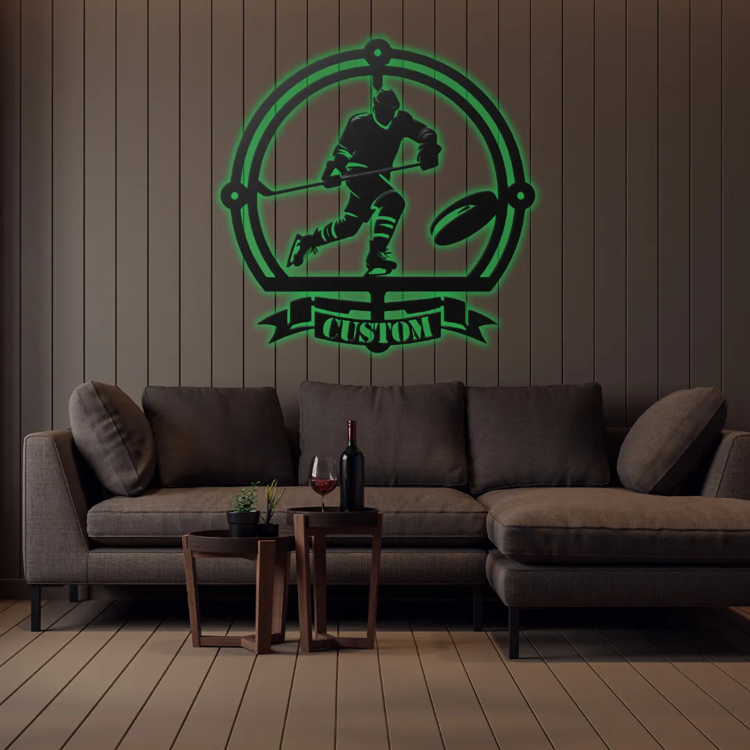 Personalized hockey player wall décor inside round frame