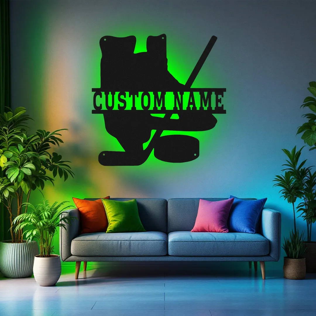 Personalized hockey wall décor with skates, stick, and puck