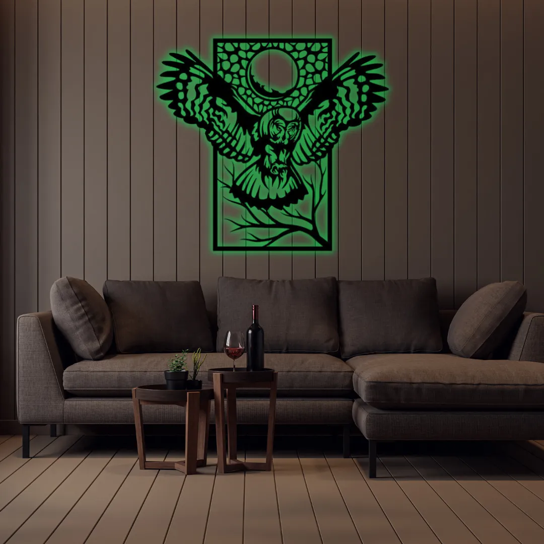 Green Moonlit Owl Silhouette Detailed owl in flight metal art for home decoration.