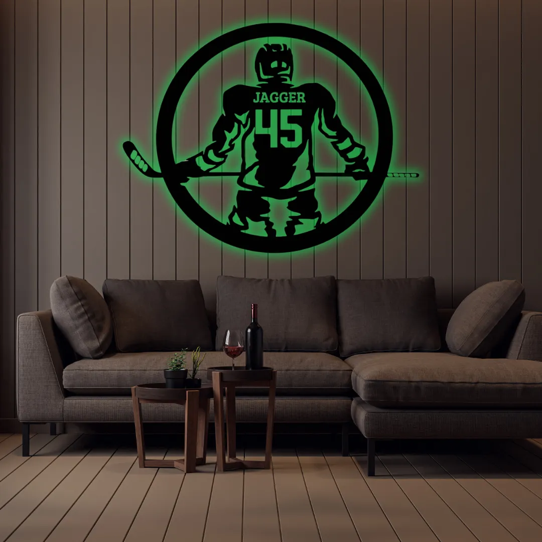 Custom hockey wall hanging with name and number inside round frame