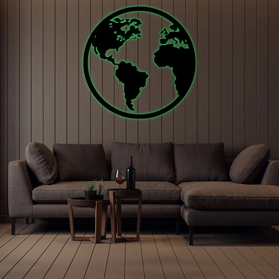 Green World Map Silhouette World Map Metal Wall Art | Modern Globe Décor