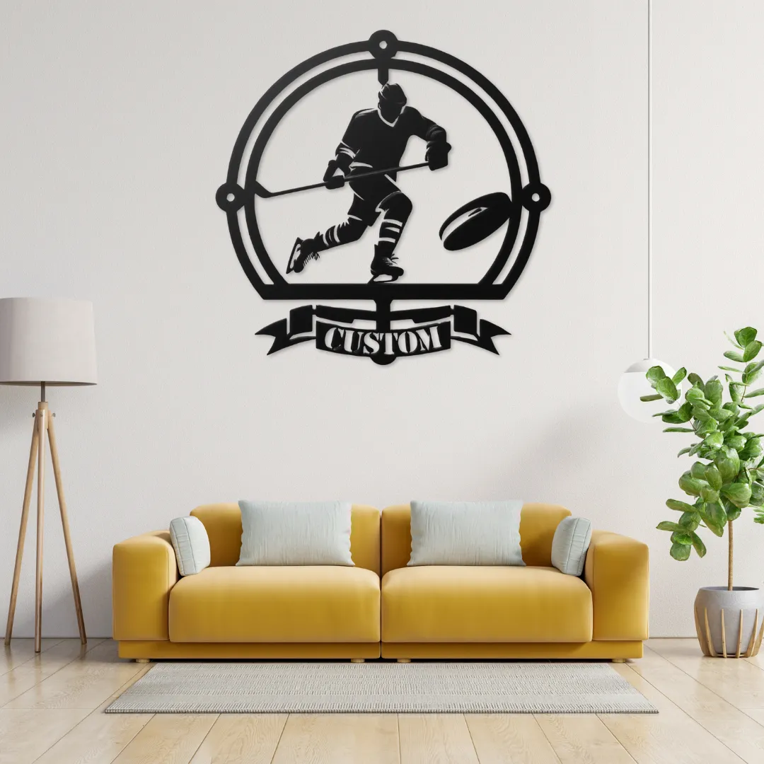 Hockey action silhouette metal wall art with custom banner