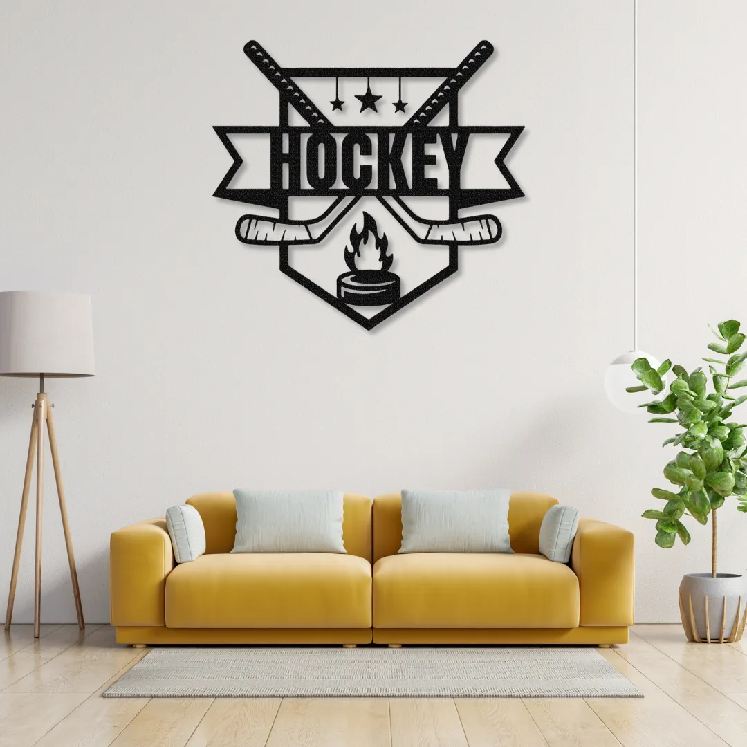 Hockey crest metal wall art with sticks, stars, and puck