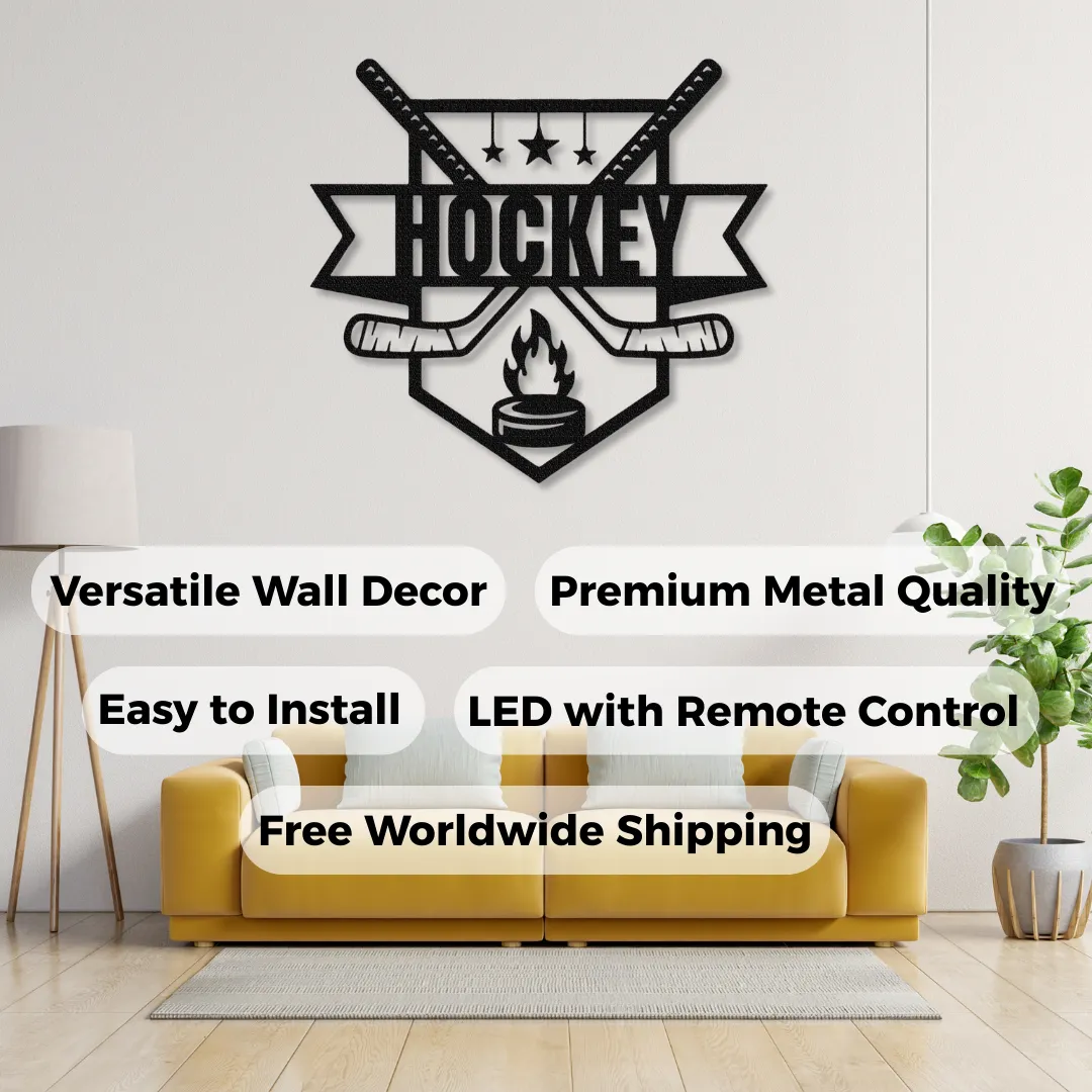 Badge style hockey wall décor with flames and bold text