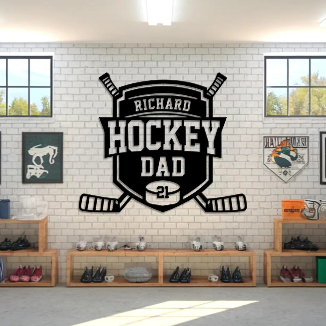 Hockey Dad metal wall art shield design with custom name and number