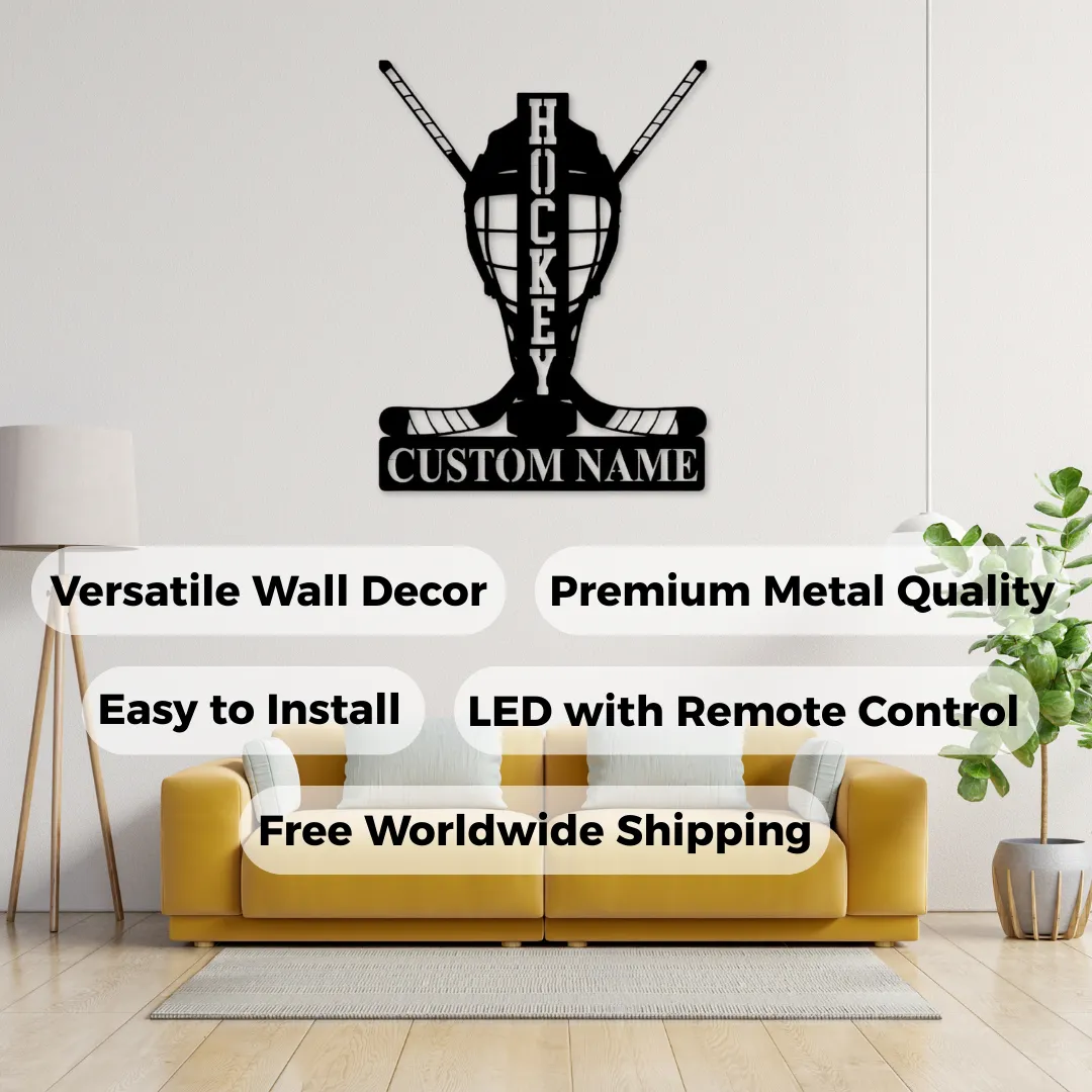 Personalized hockey wall décor with crossed sticks and mask