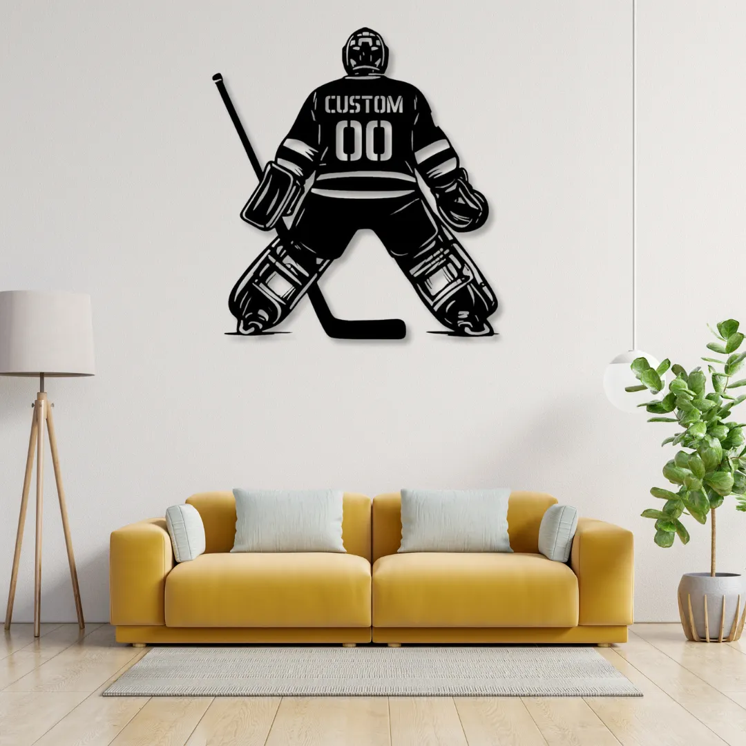 Custom hockey goalie silhouette metal wall art with name and number