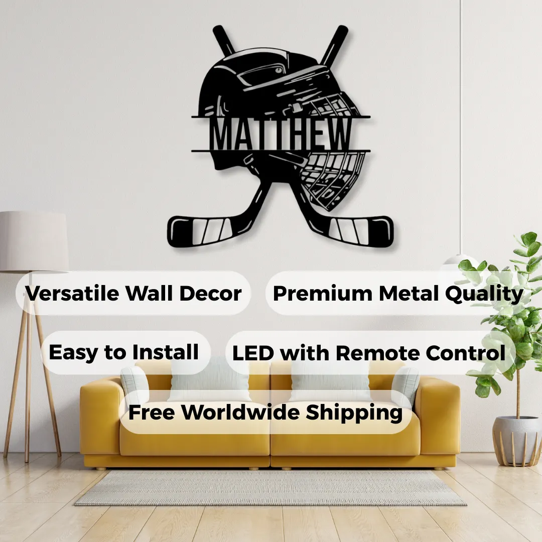 Hockey Helmet Silhouettes Laser cut hockey helmet and sticks wall art LED and non-LED
