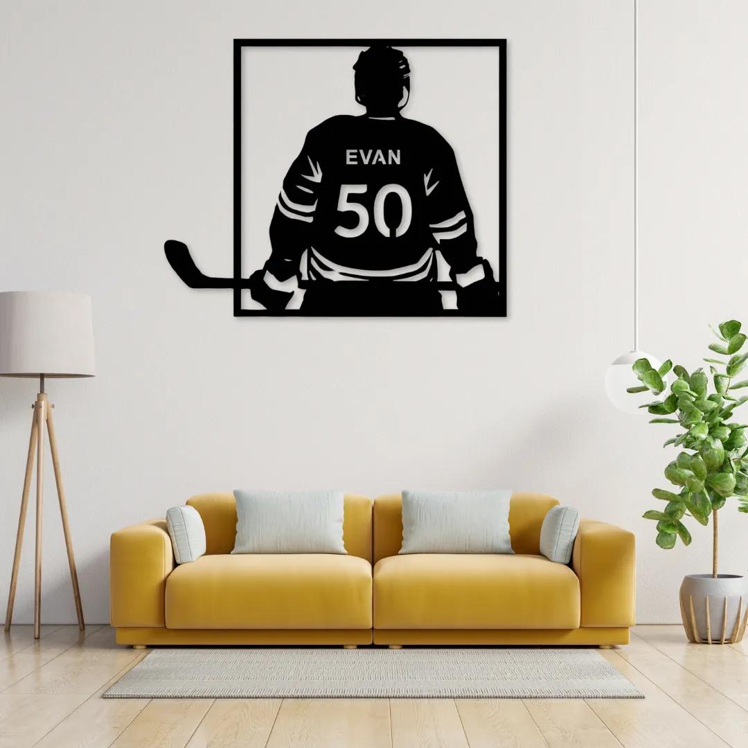 Hockey player custom silhouette metal wall art with name