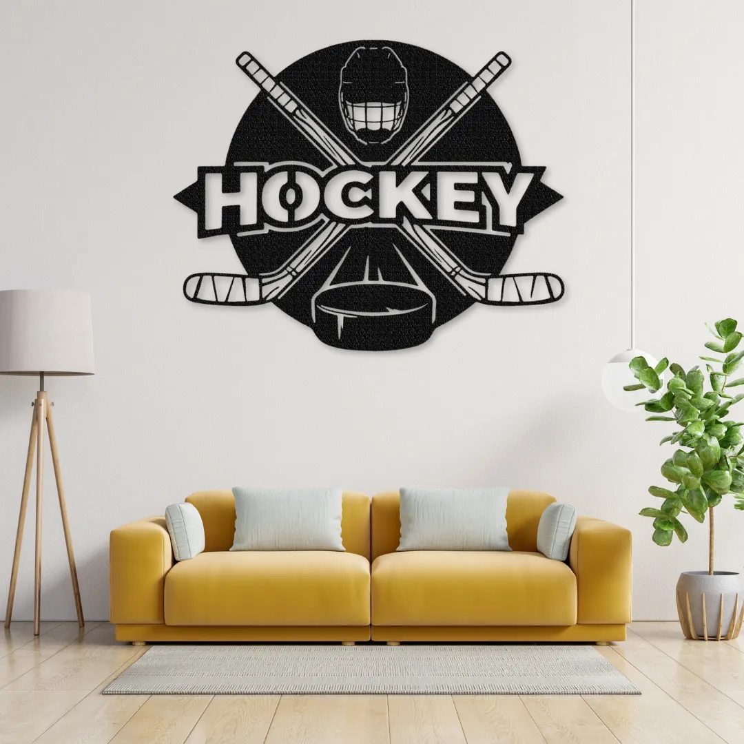 Hockey Logo Silhouette Hockey logo metal wall art with crossed sticks and puck