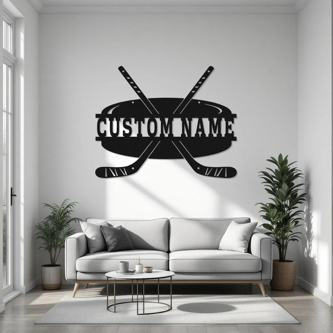 Hockey puck metal wall art with crossed sticks and custom name