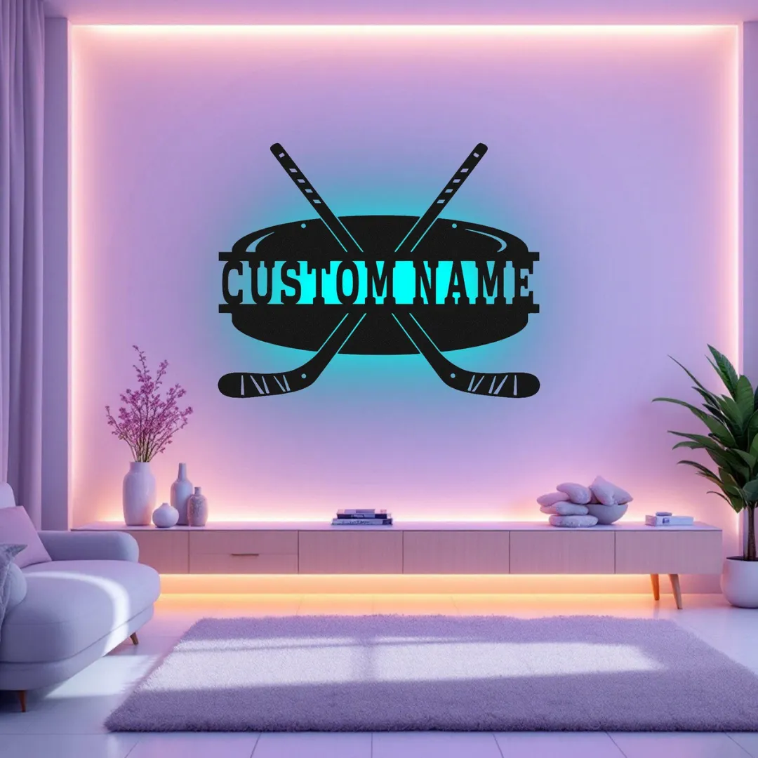 Personalized hockey wall décor with puck and sticks
