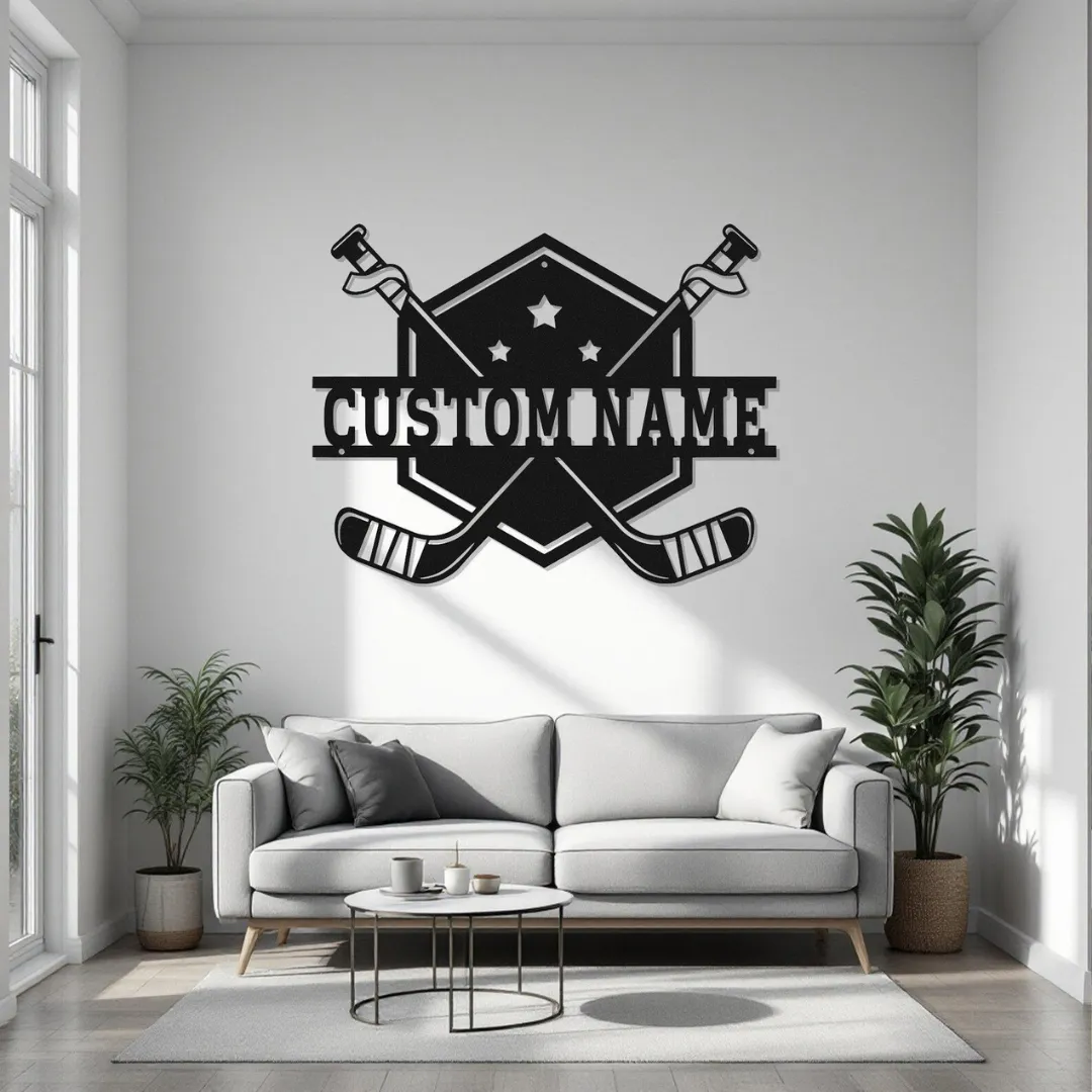 Hockey shield metal wall art with crossed sticks and custom name