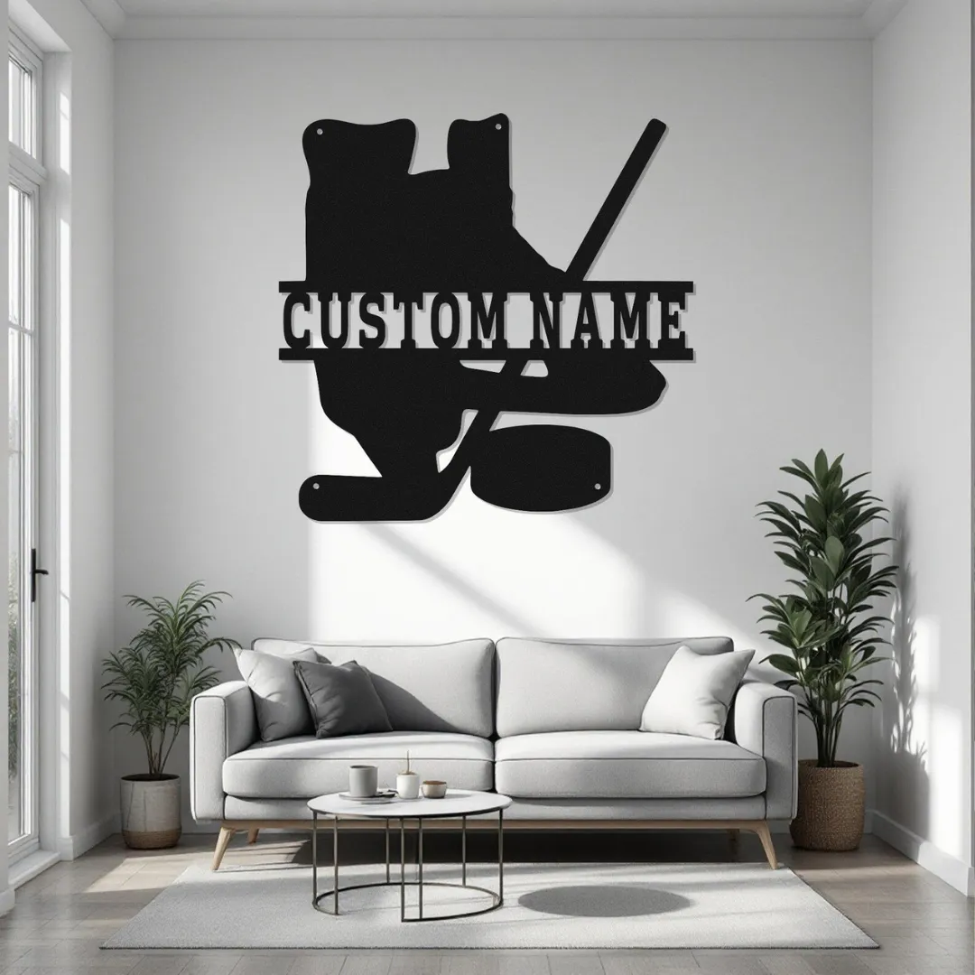 Hockey skates metal wall art with custom name plate