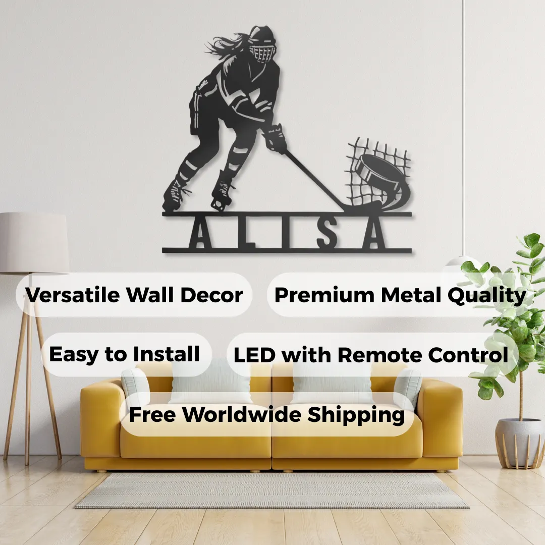 Hockey Spirit Personalized Silhouettes Laser-cut metal hockey design with goal net and custom text