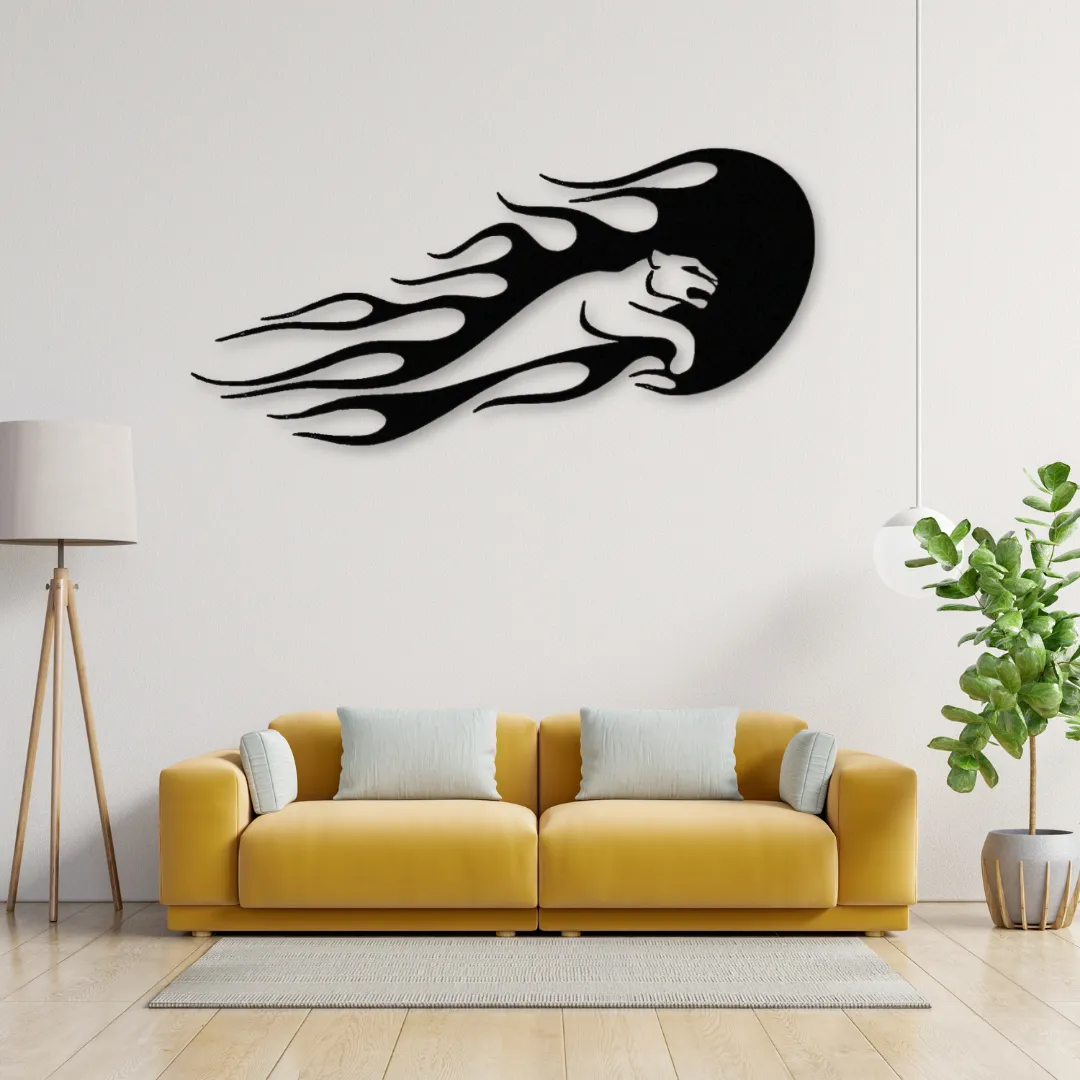 Flame panther metal wall art above yellow sofa in modern living room.