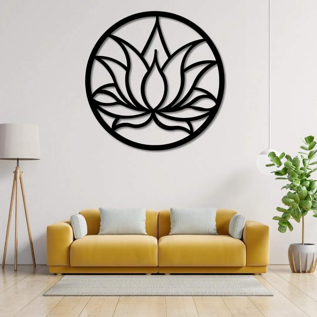 Lotus Mandala Silhouette Lotus mandala metal wall art above yellow sofa.