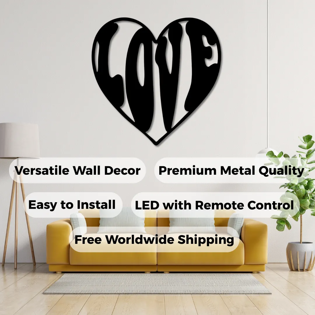 LOVE Heart Silhouettes Heart-shaped metal wall art with LOVE design