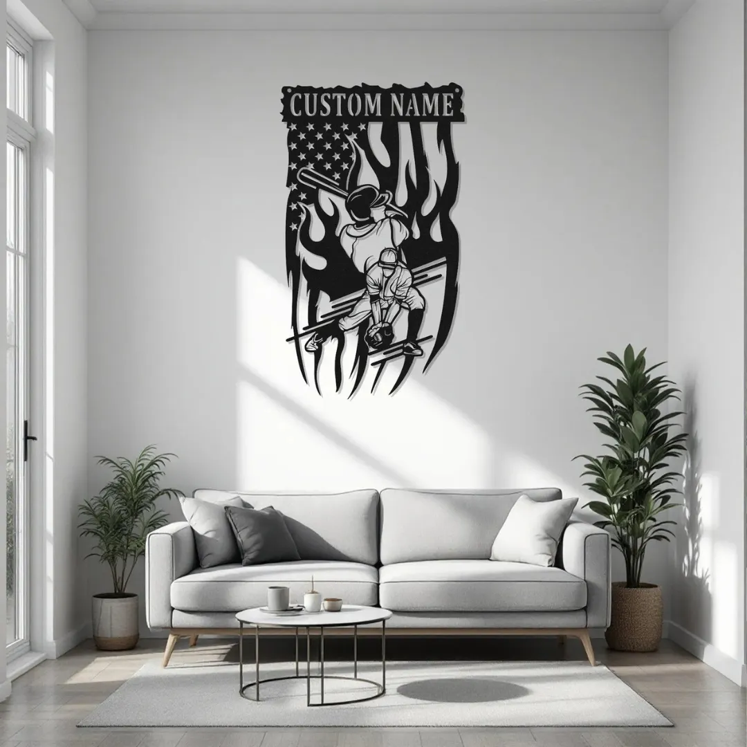 Custom patriotic baseball batter wall art with American flag and flames