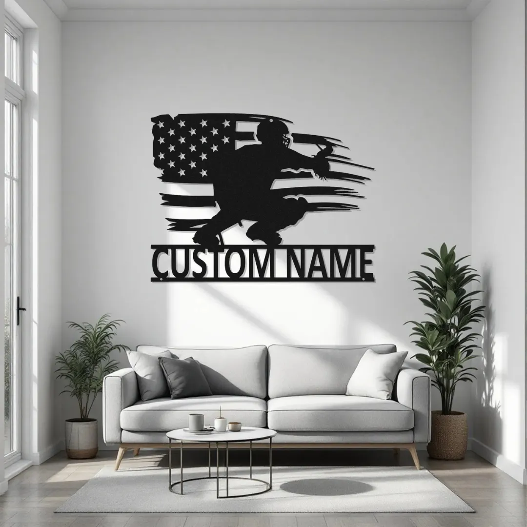 Custom patriotic baseball catcher wall art with American flag design