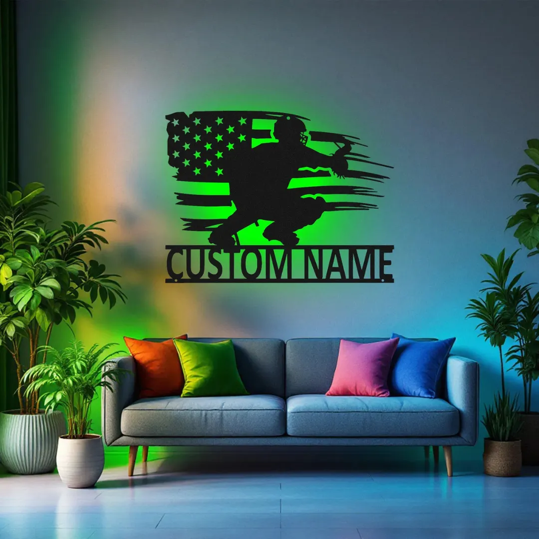 Baseball catcher silhouette metal wall décor with U.S. flag