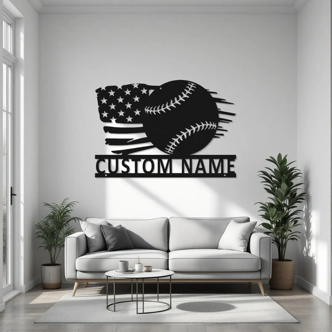 Custom patriotic baseball metal wall art with American flag and personalized name