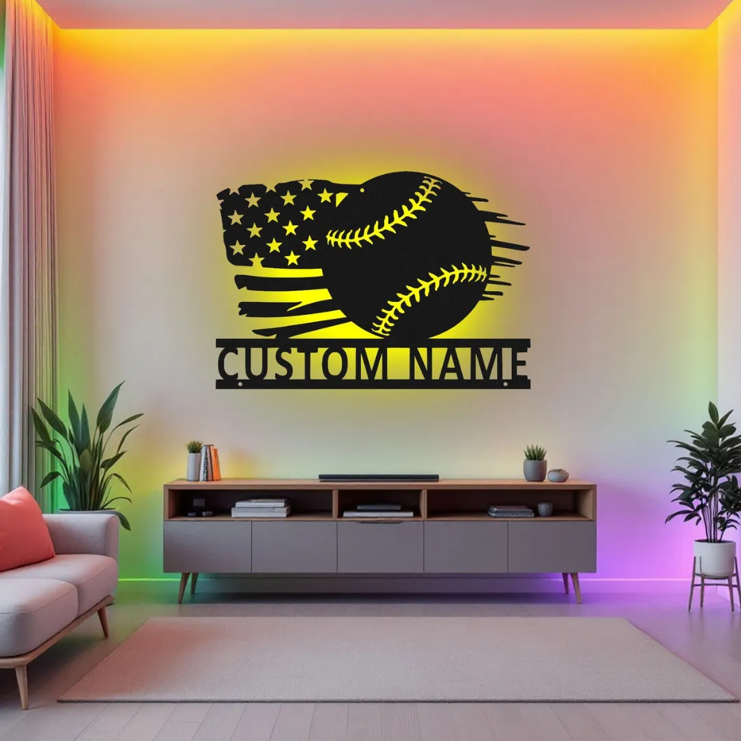 Personalized baseball wall decor with USA flag and custom number