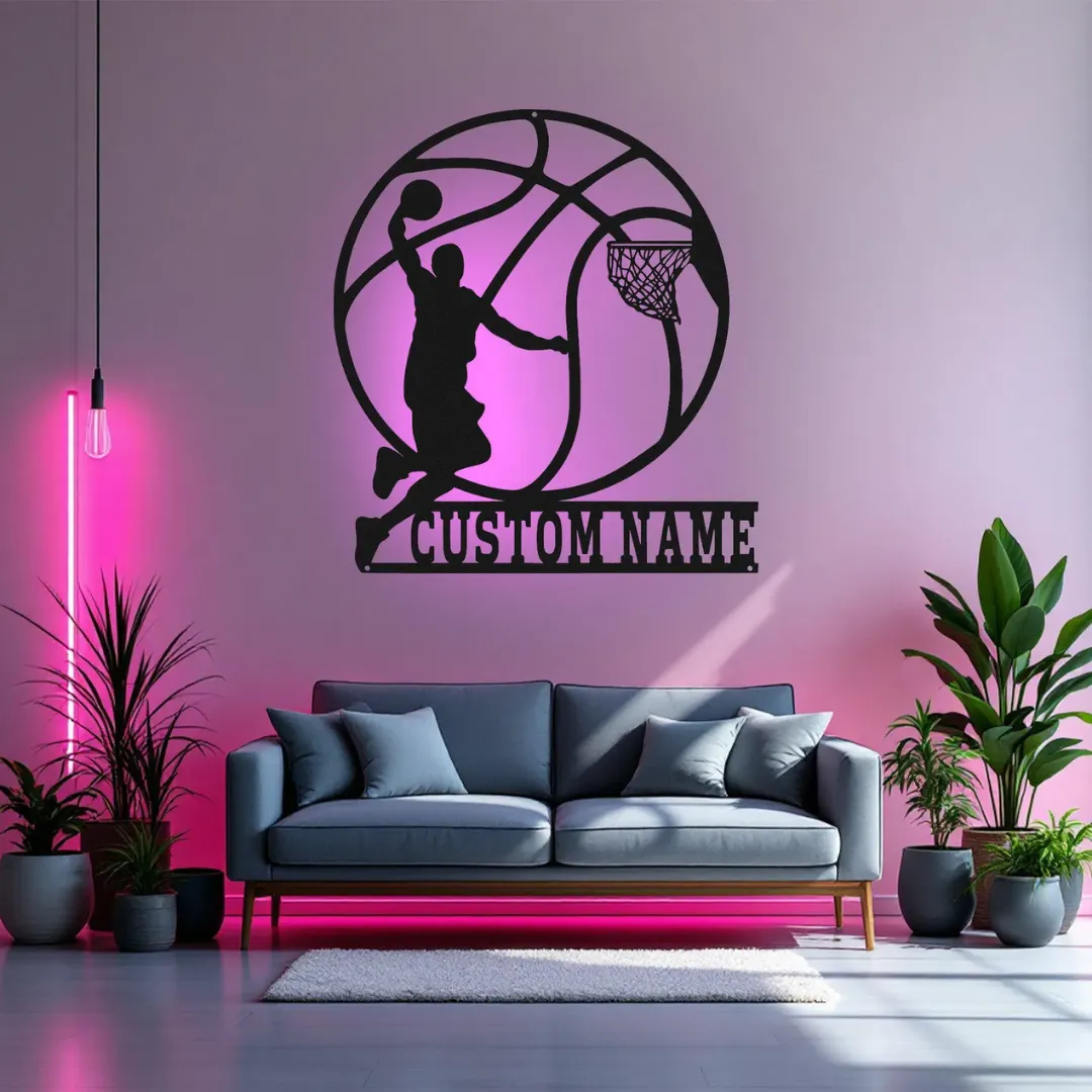 Basketball player dunk silhouette metal wall art