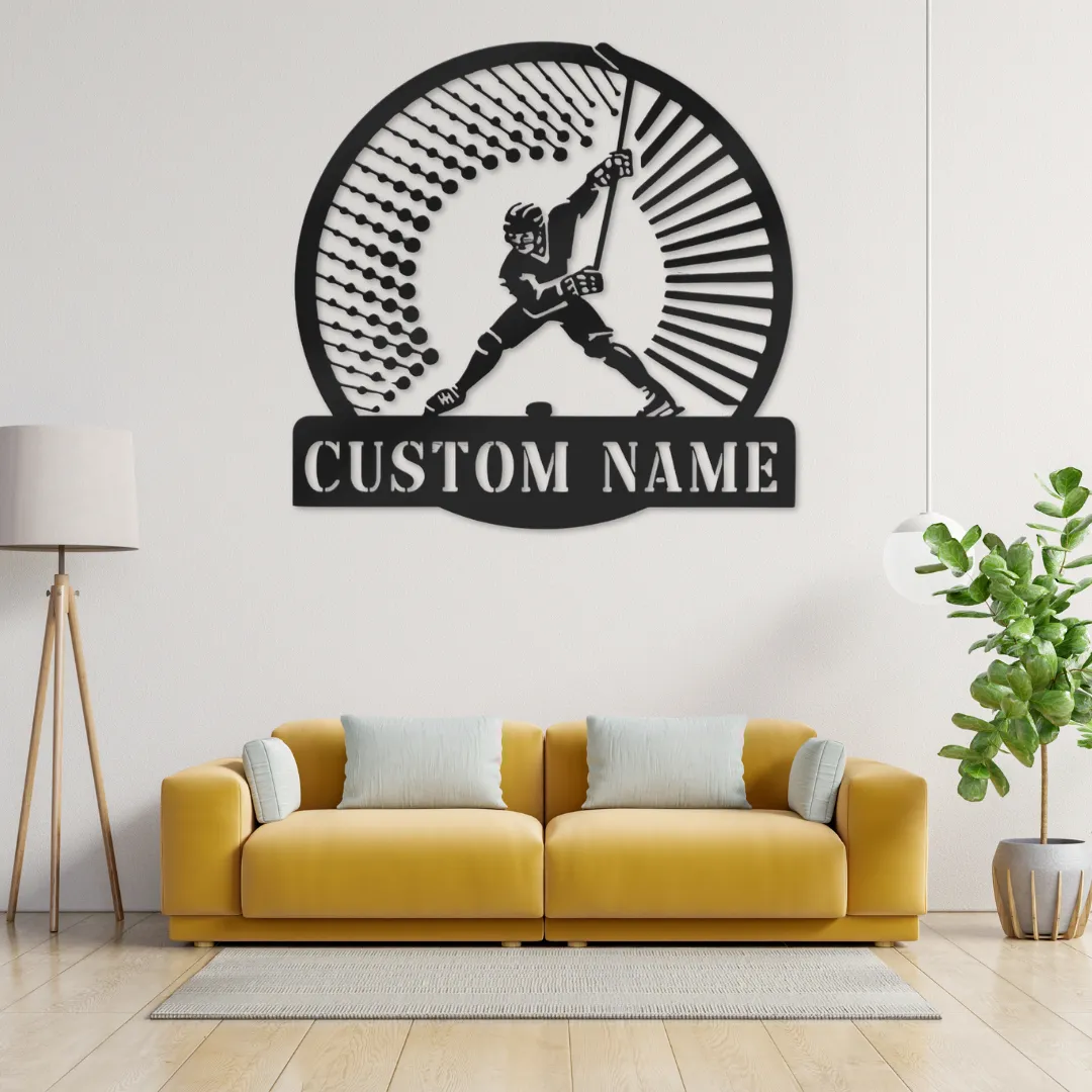 Personalized hockey player metal wall art with custom name