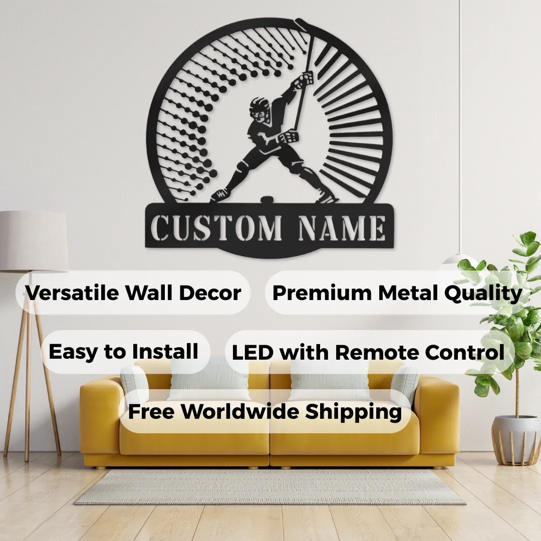 Round black metal hockey silhouette wall décor above sofa