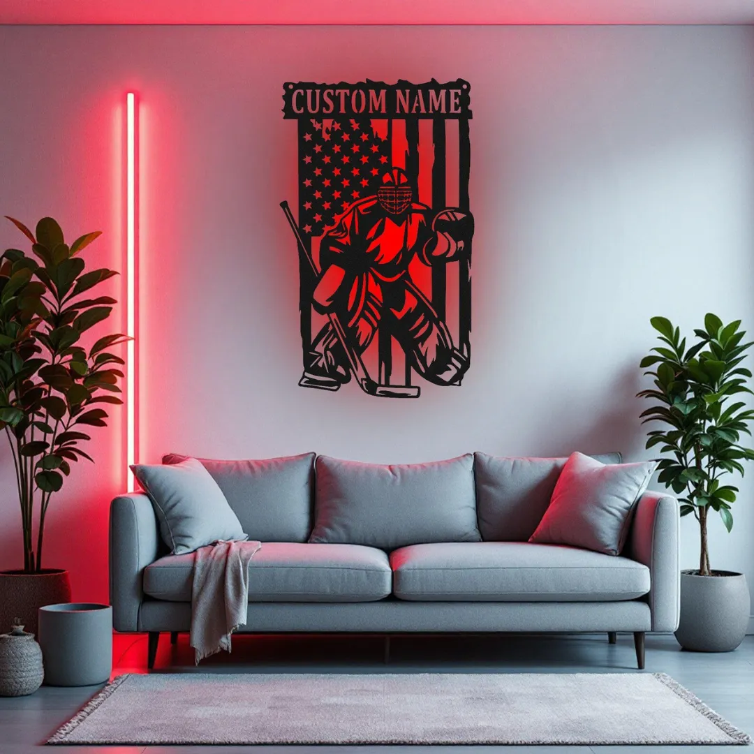 Custom goalie hockey wall hanging with flag background