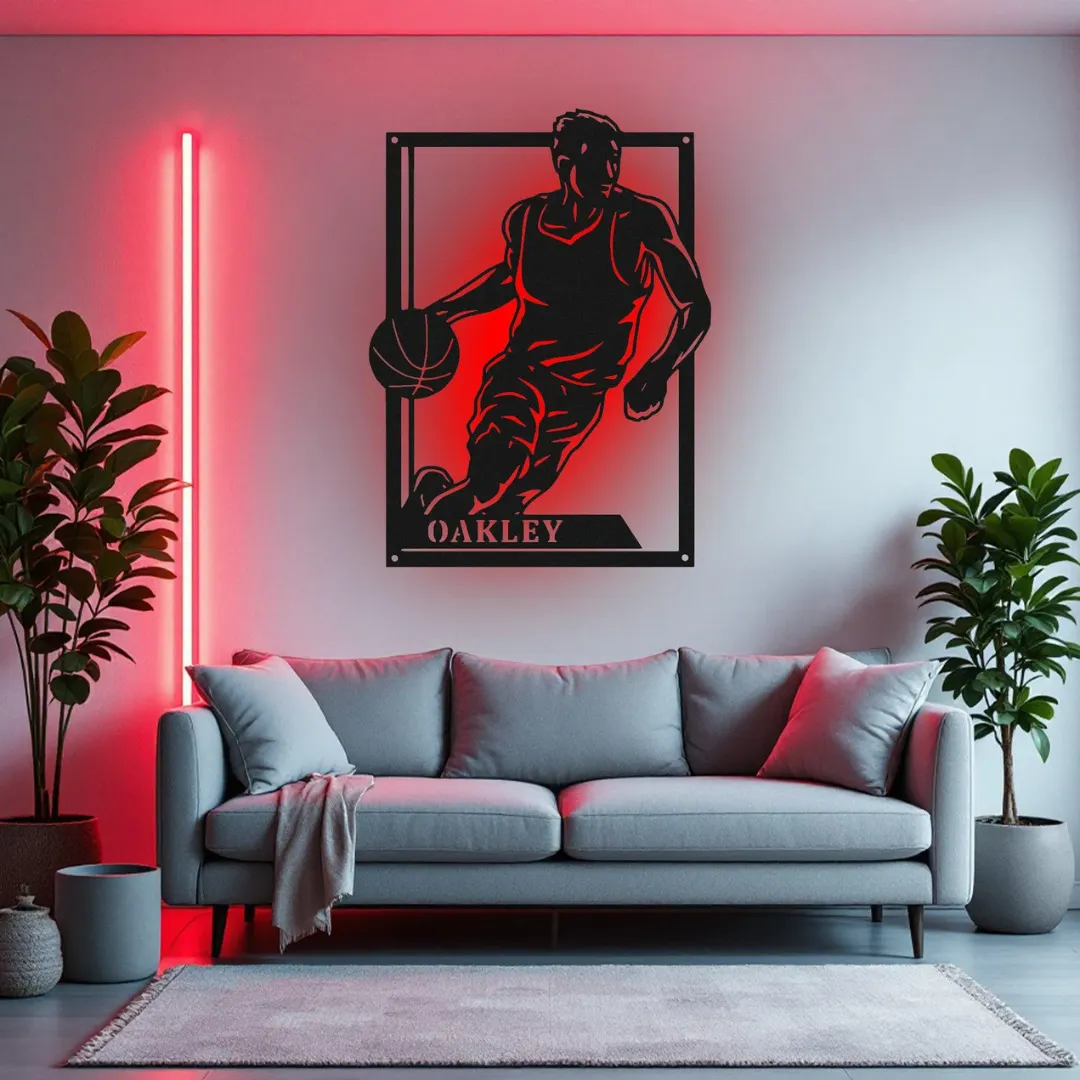 Basketball player silhouette wall art LED option