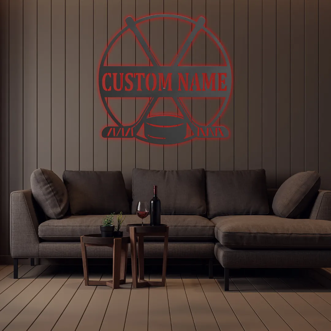 Hockey-themed round metal wall art with personalized text