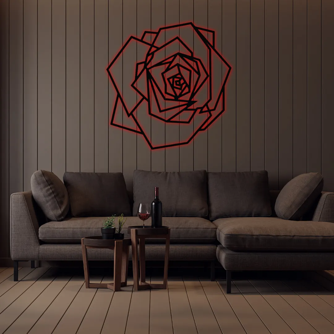 Red Geometric Rose Silhouette Black rose wall hanging in geometric design.