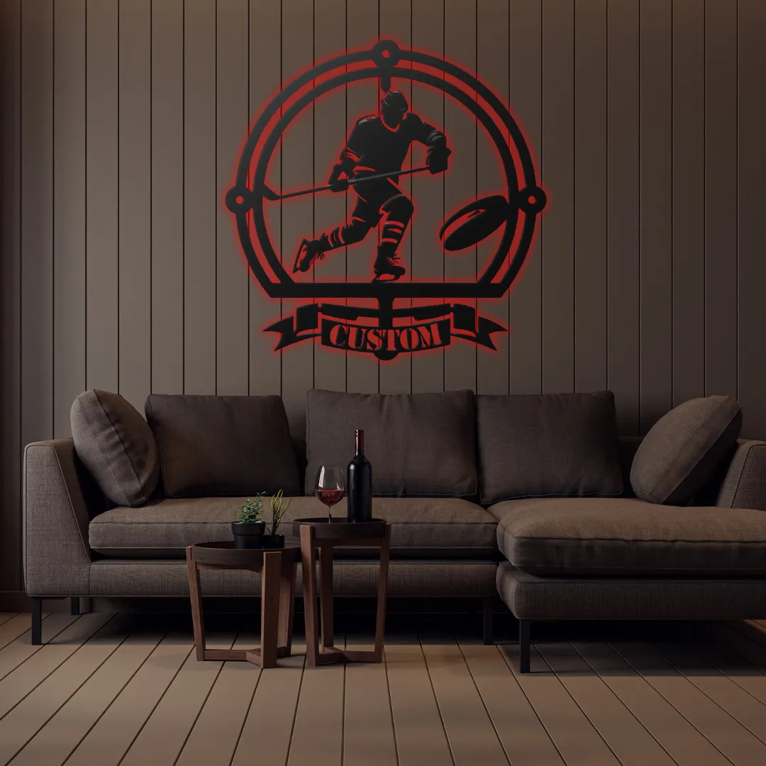 Custom hockey banner wall hanging with player silhouette