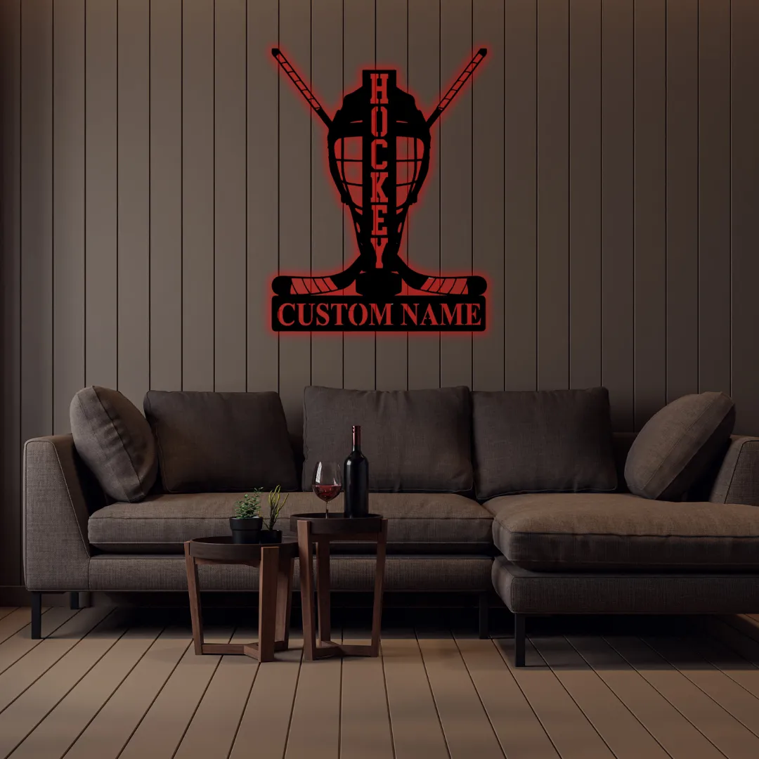 Laser cut hockey goalie mask wall hanging with name plate