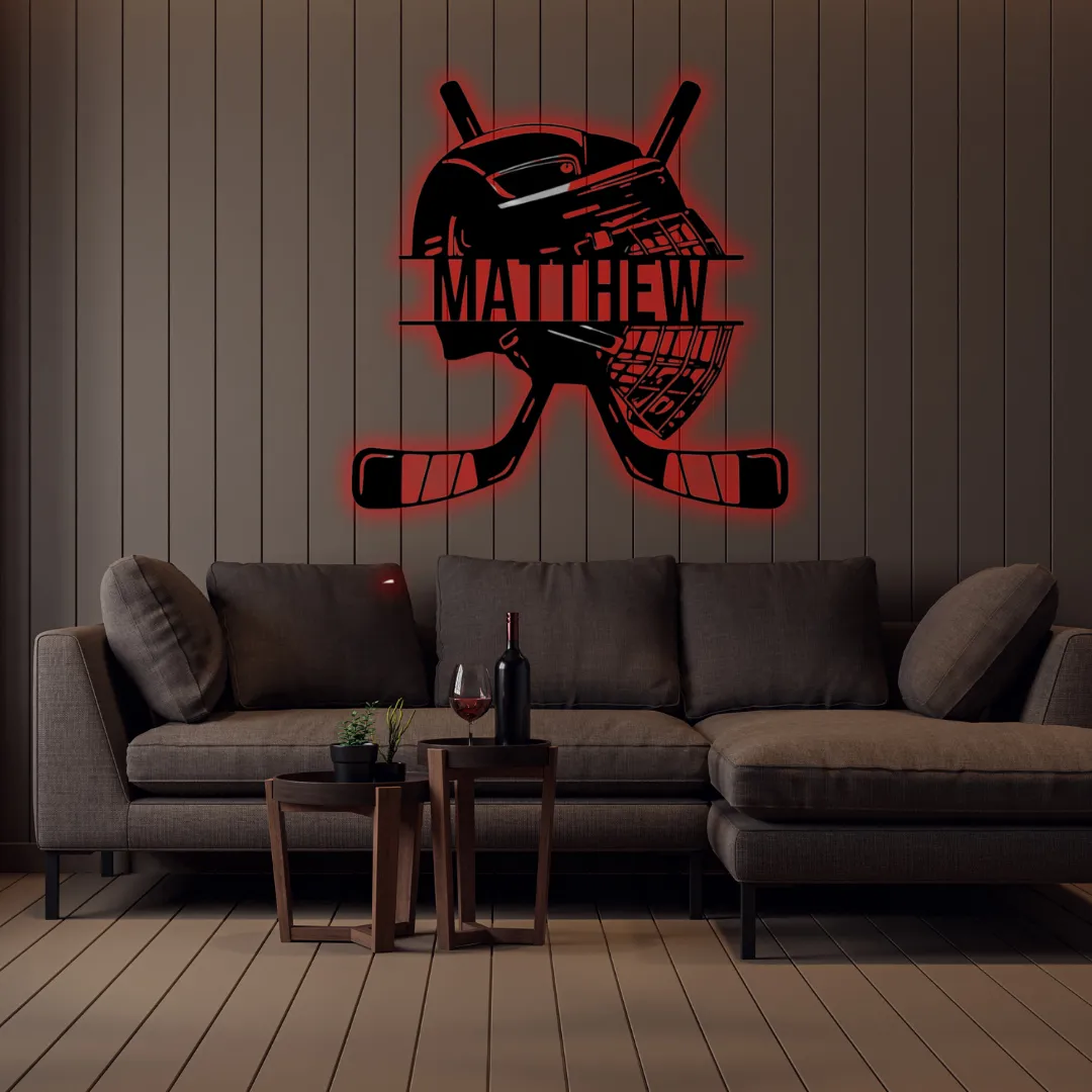 Red Hockey Helmet Silhouette Custom hockey name wall hanging with helmet and sticks design