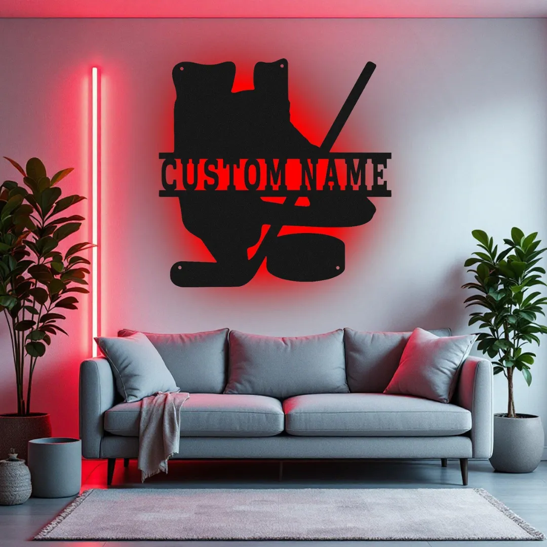 Laser cut hockey gear silhouette wall art LED and non-LED