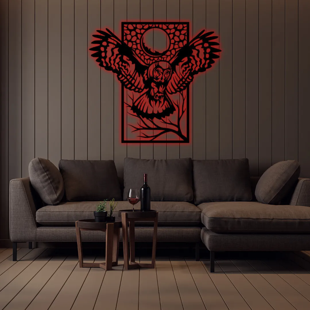 Red Moonlit Owl Silhouette Personalized owl silhouette metal wall decor.