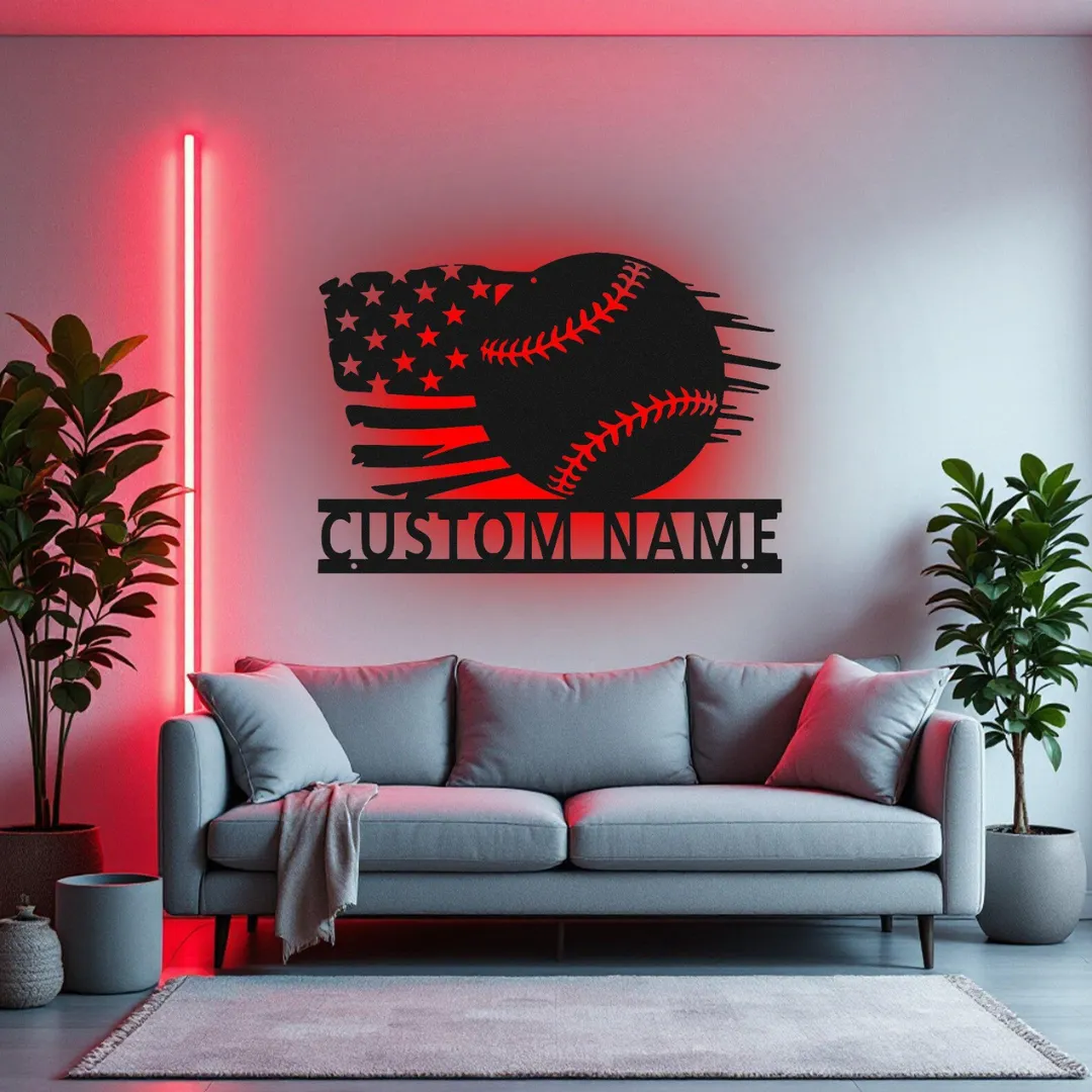 Metal wall art for baseball fans featuring American flag design and custom text