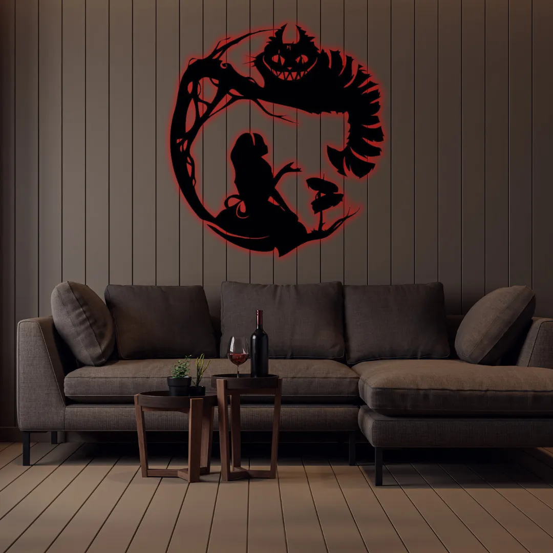 Storybook-style black metal wall art in modern living room.