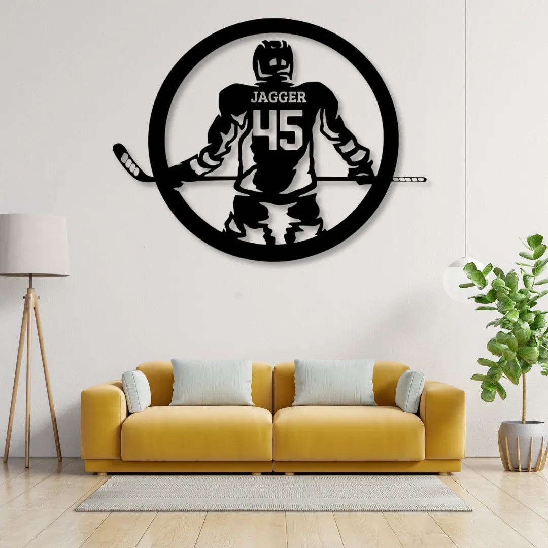 Round hockey jersey metal wall art with custom name and number