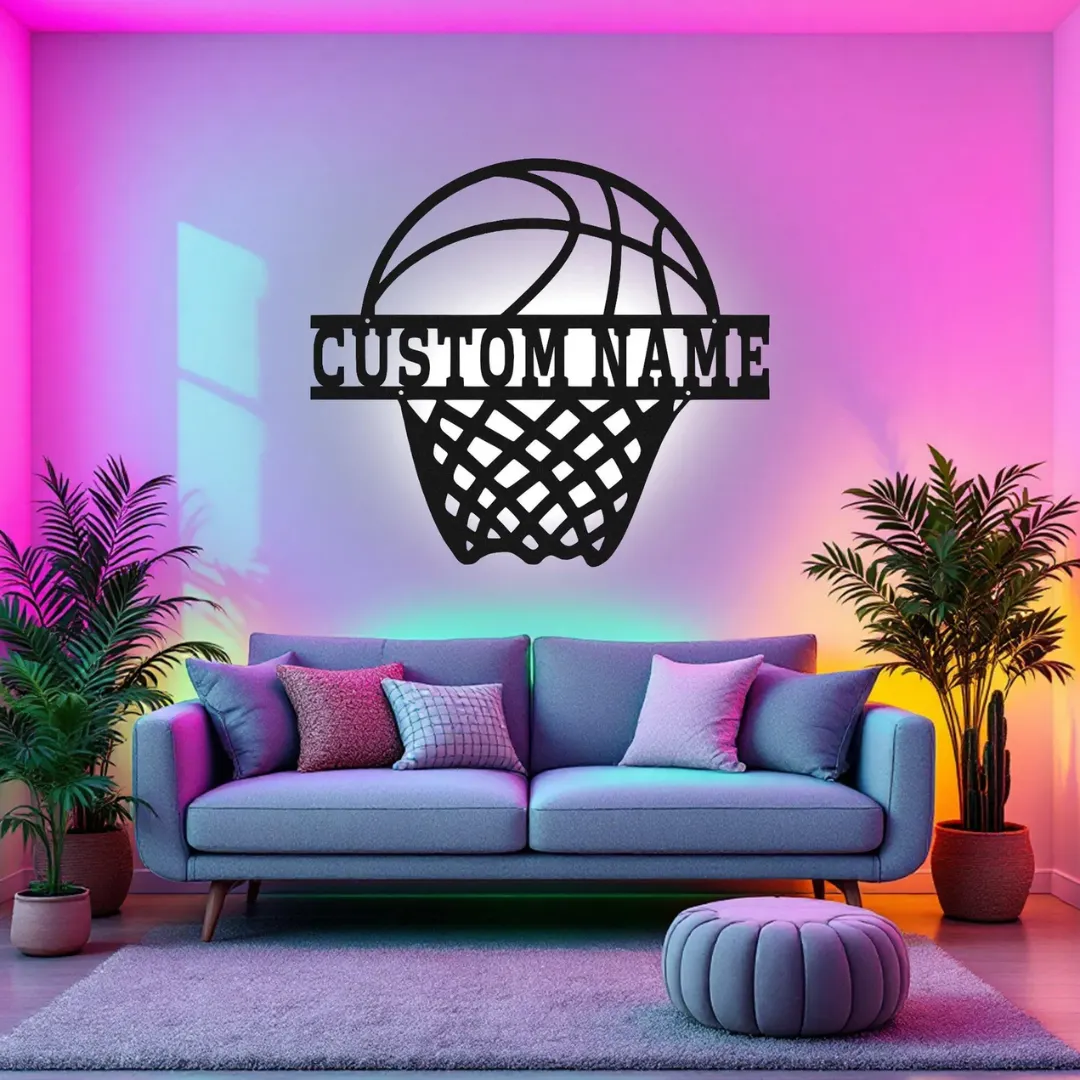 White Basketball Net Silhouette custom basketball hoop wall sign with LED light option