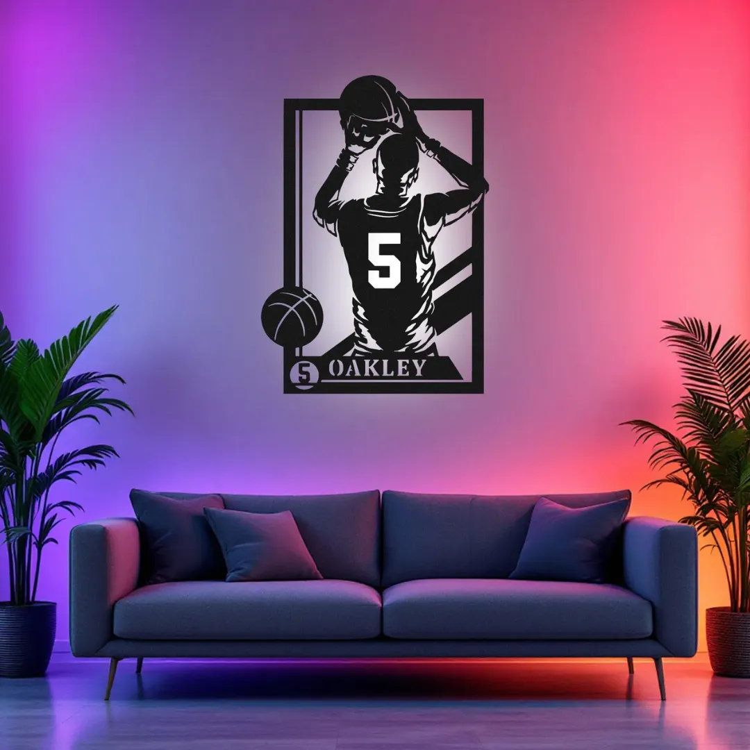 Metal basketball shooting silhouette wall sign LED option