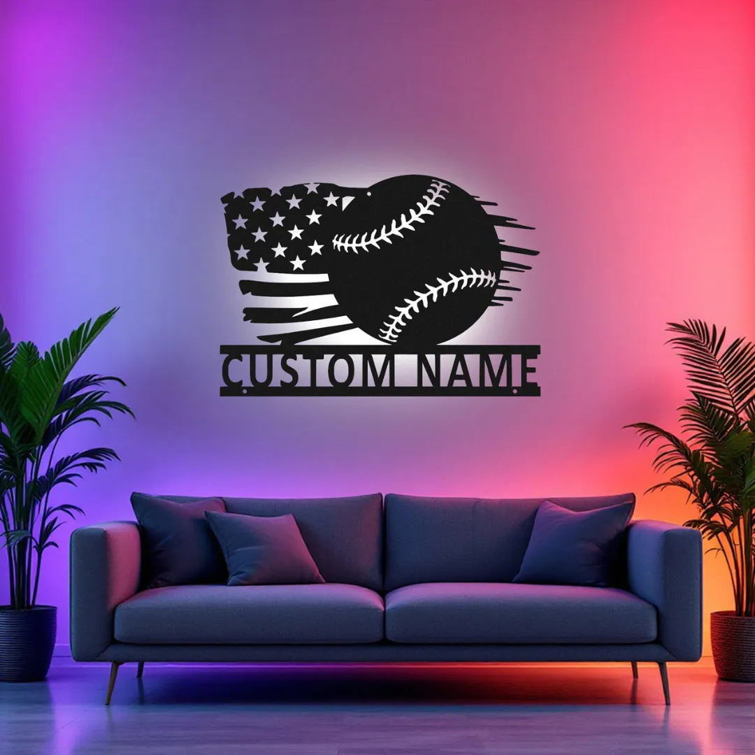 White metal wall art for baseball fans featuring American flag design and custom text