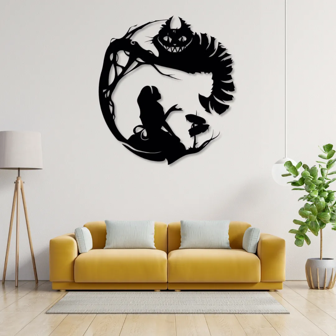 Wonderland-inspired silhouette metal wall art above yellow sofa.